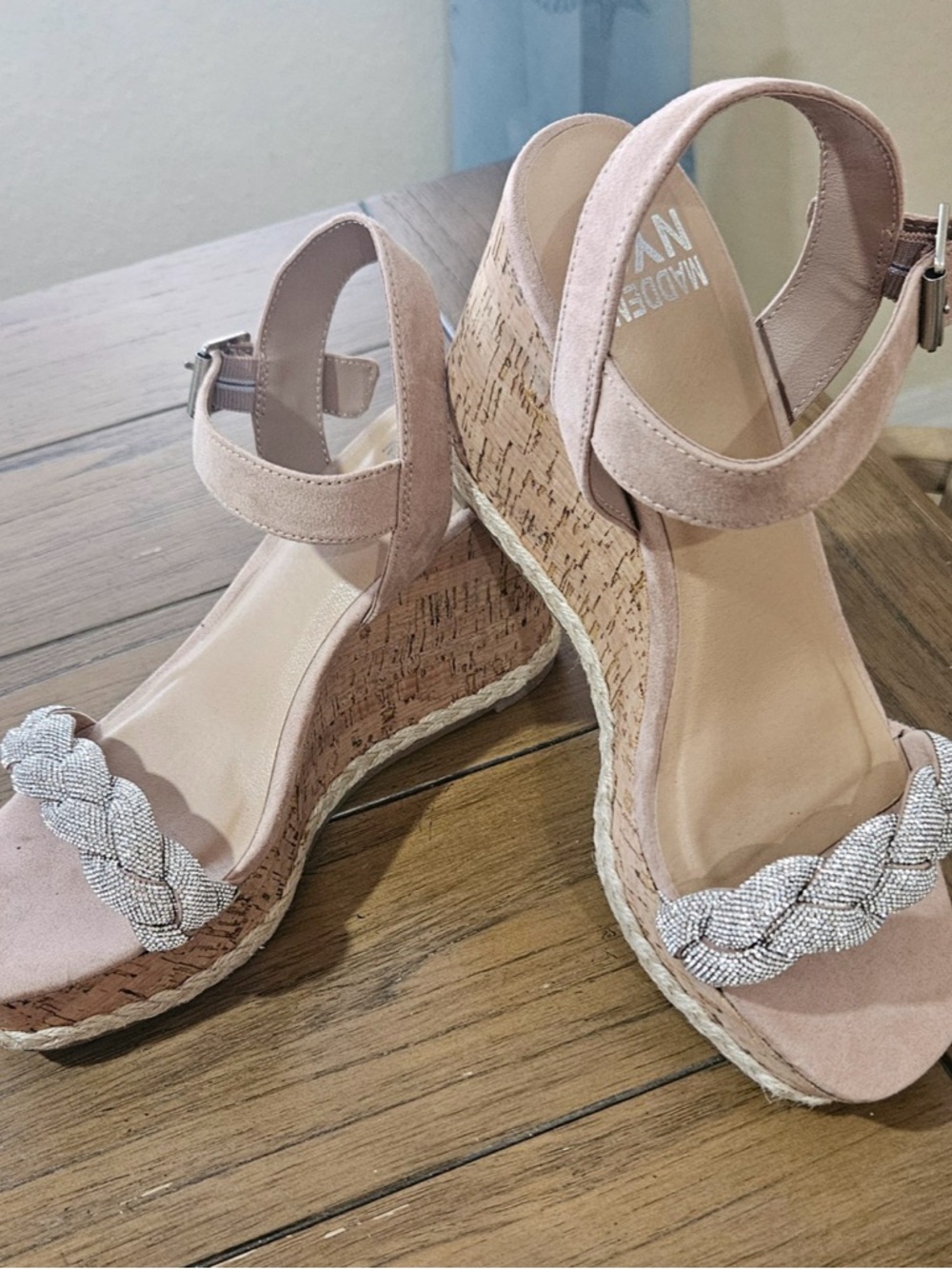 Steve Madden beige Suede Braided Metallic Toe Cork Wedges